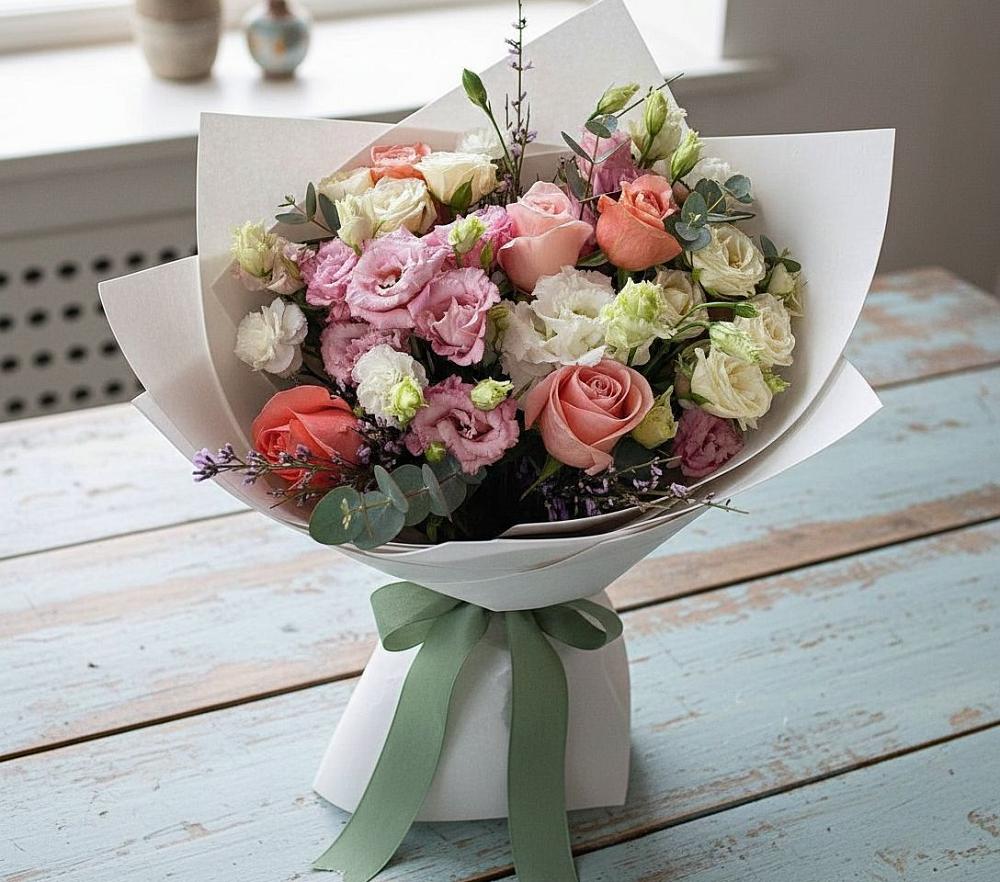 Букет цветов из: Розы, Лизиантусы и Гвоздики в Кантышево