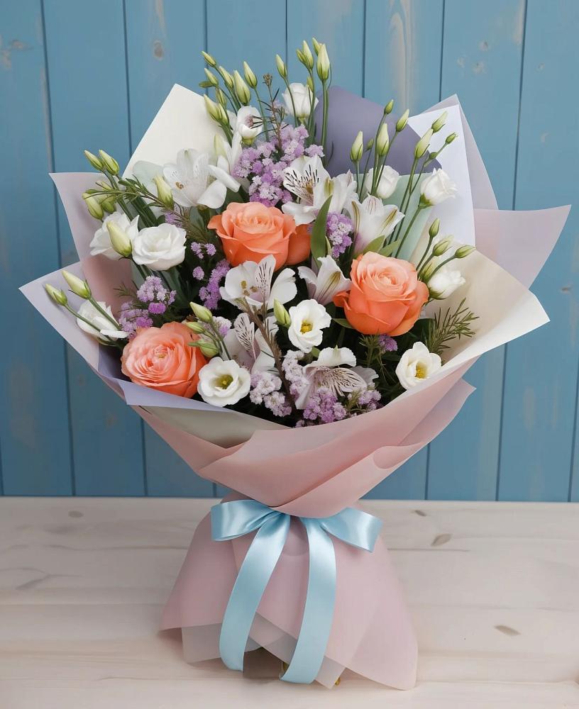 Букет цветов из: Лизиантусы, Розы, Альстромерии и Гипсофила в Кантышево