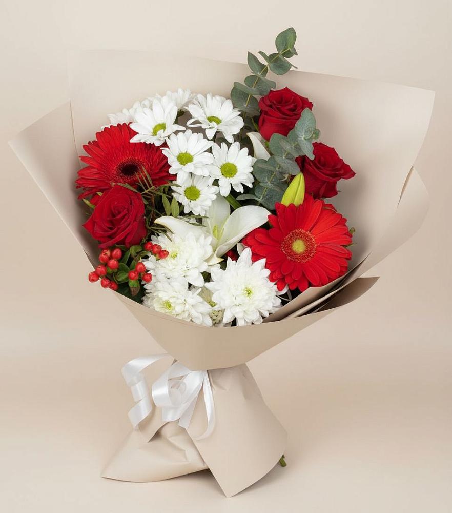 Букет цветов из: Розы, Хризантемы, Герберы и Лилии в Кантышево