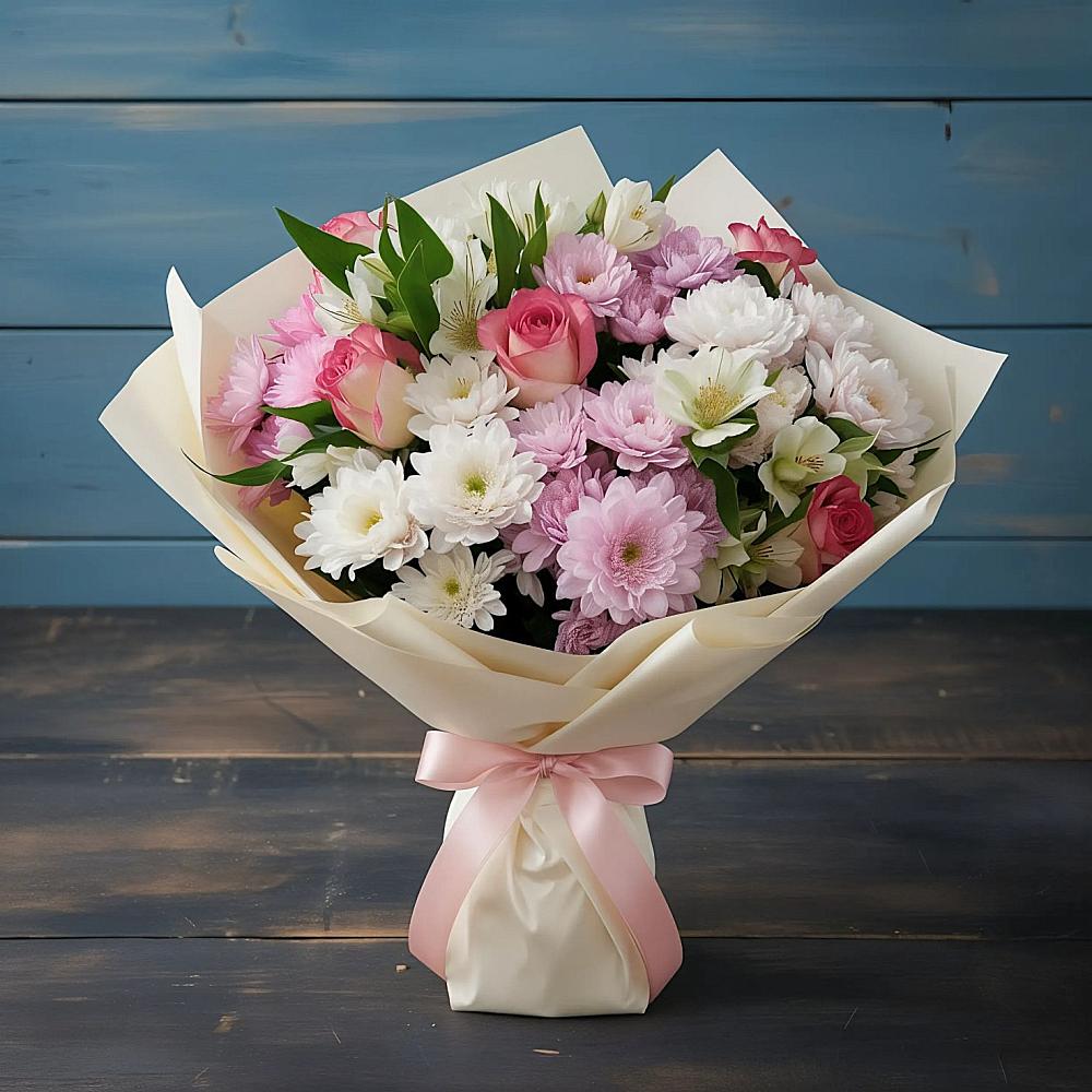 Букет цветов из: Хризантемы, Альстромерии и Розы в Кантышево